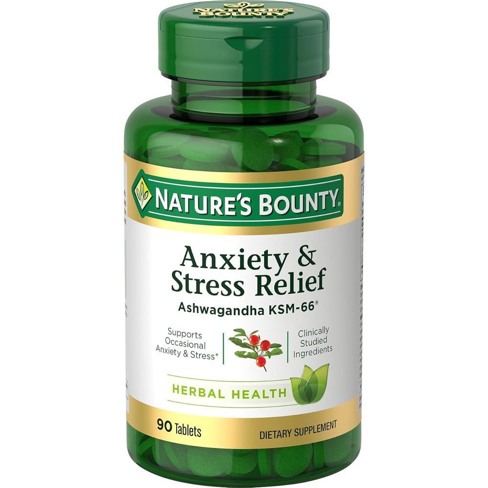 Nature's Bounty Anxiety and Stress Relief front view bottle packaging with dietary supplement label