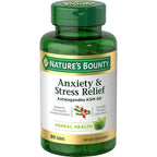 Nature's Bounty Anxiety and Stress Relief front view bottle packaging with dietary supplement label