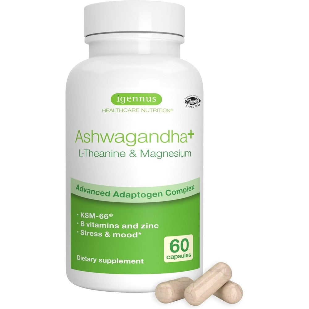 Igennus High Strength best ashwagandha brand benefits magnesium supplement  L-Theanine 60 capsules bottle