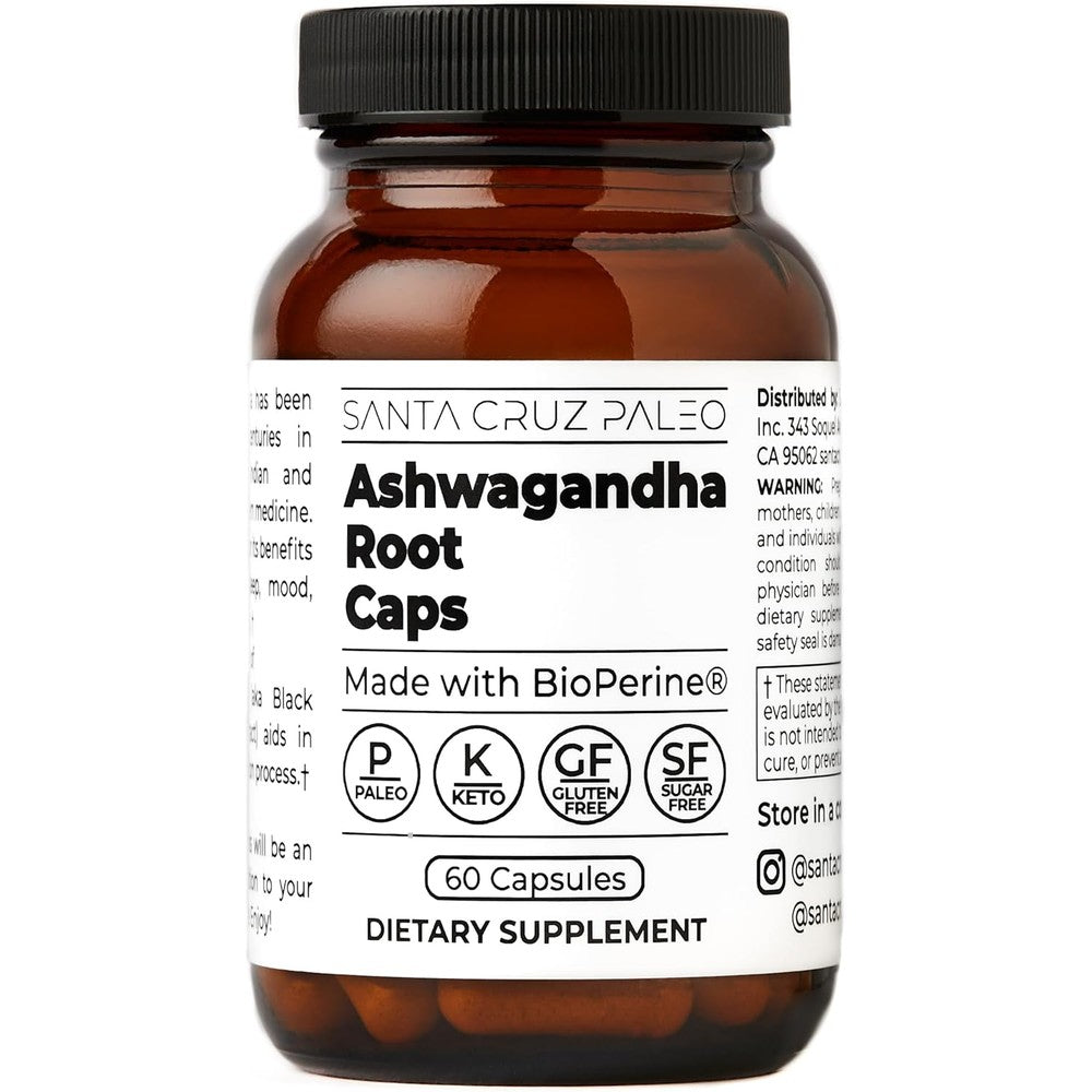Santa Cruz Paleo Ashwagandha extract Root 600mg capsules with BioPerine bottle