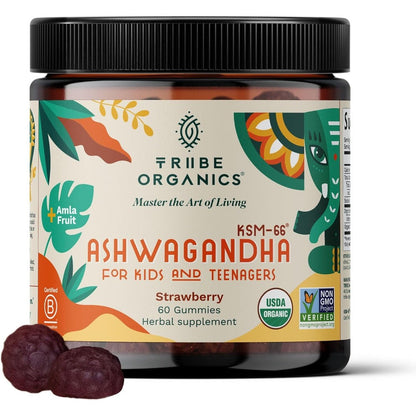 tribe organics ashwagandha supplement ksm 66 gummies for kids and teens sixty count