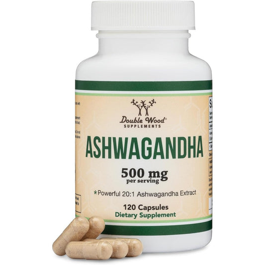 Front view of Double Wood Ashwagandha 120 Capsules bottle showing 500mg 20:1 extract adaptogen for stress support