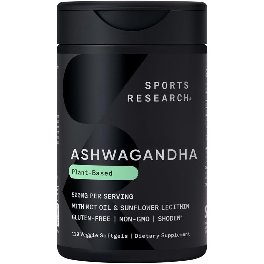 Sports Research Ashwagandha Shoden Extract 120 Veggie Softgels front view bottle