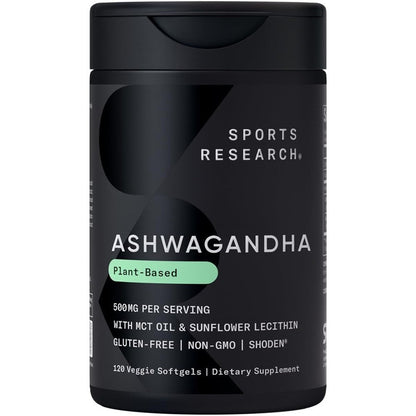 Sports Research Ashwagandha Shoden Extract 120 Veggie Softgels front view bottle