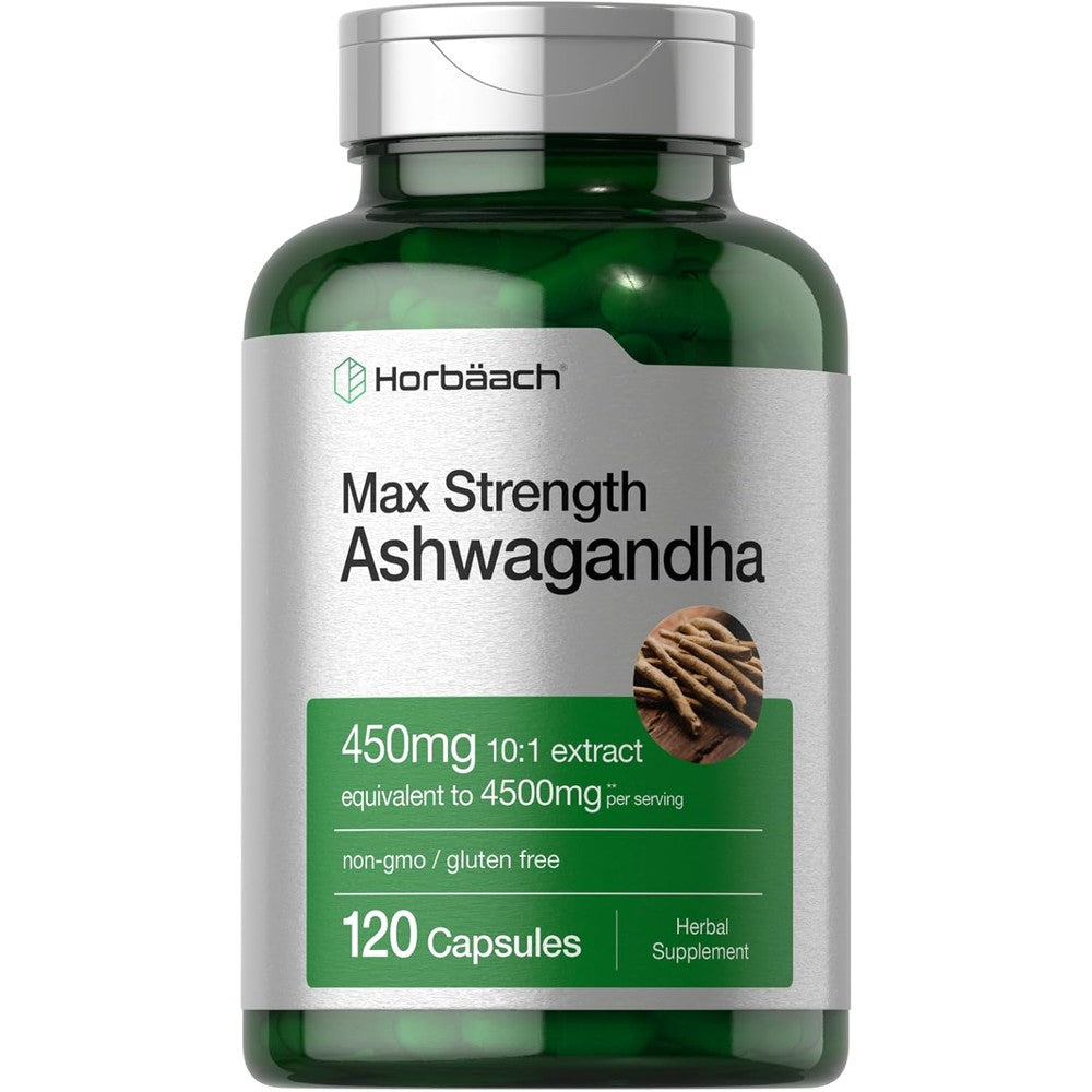 Horbäach Ashwagandha Supplement bottle 120 capsules for relaxation and stress support