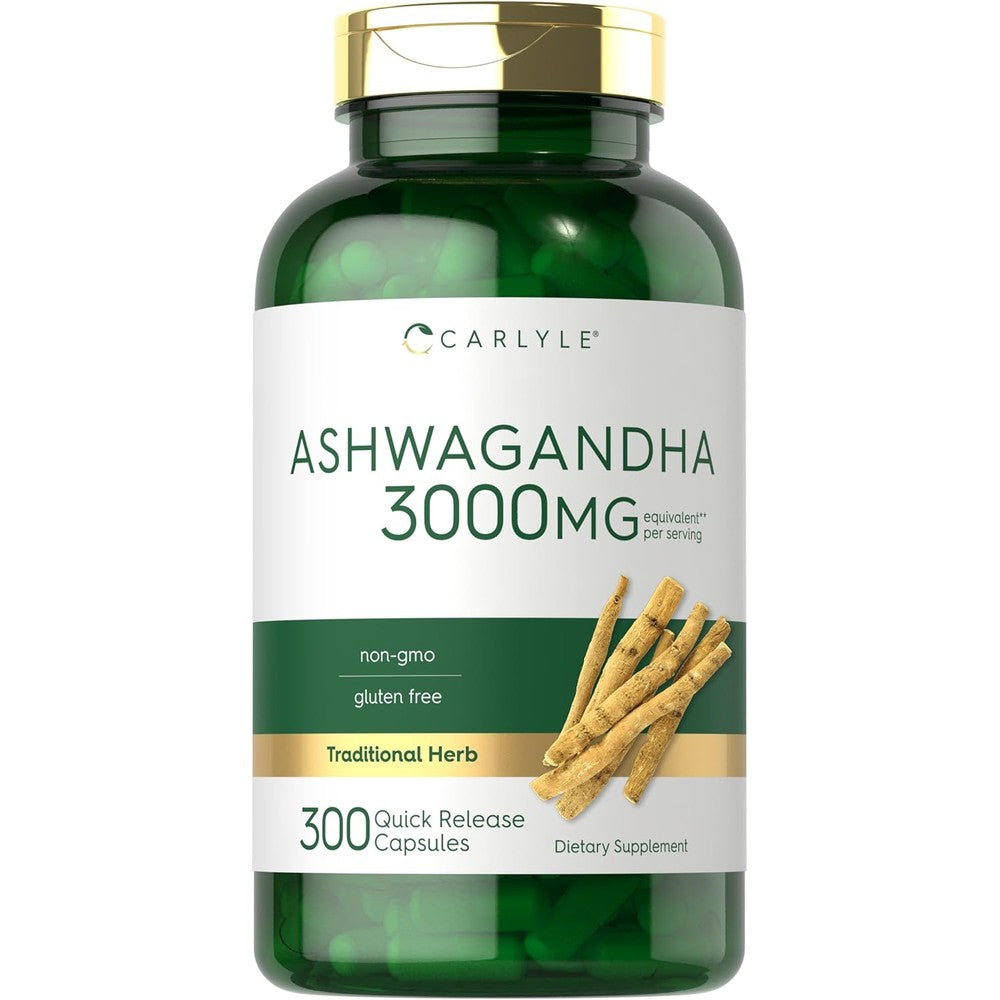 Carlyle Ashwagandha Supplement bottle 300 capsules for natural stress and relaxation support
