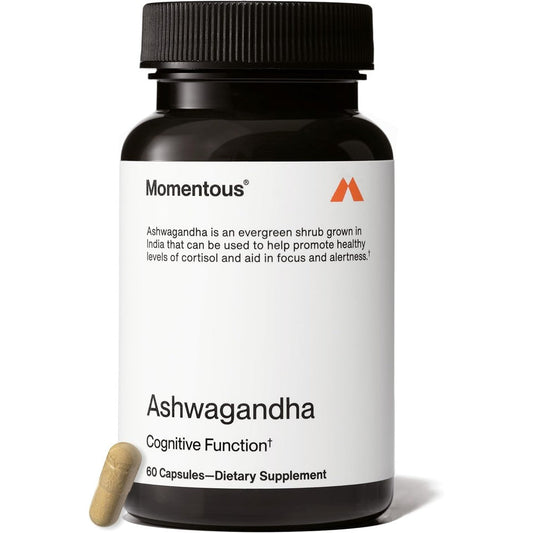 Momentous Ashwagandha supplement bottle with NooGandha extract