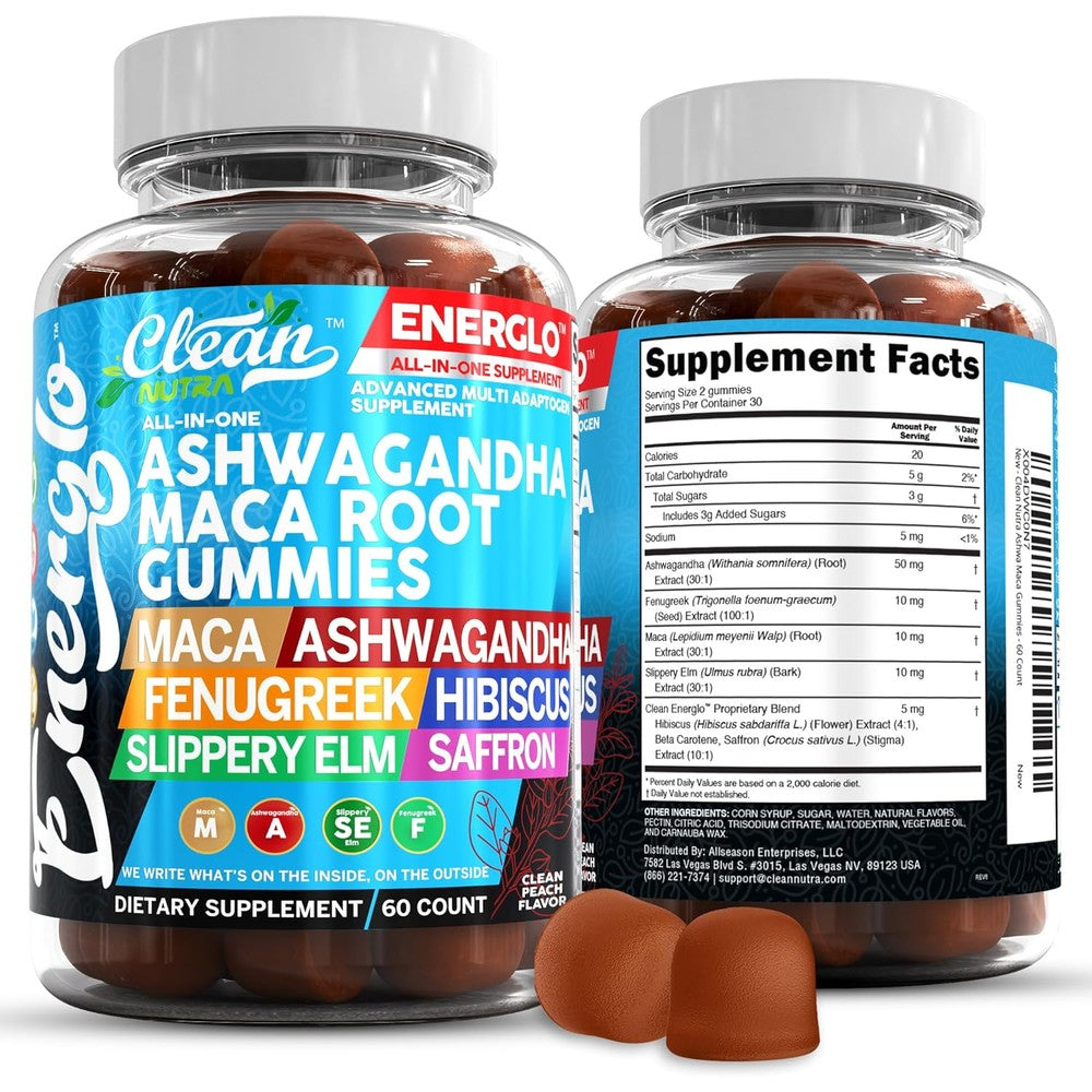 clean nutraceuticals energlo ashwagandha benefits and maca root peach flavor gummies