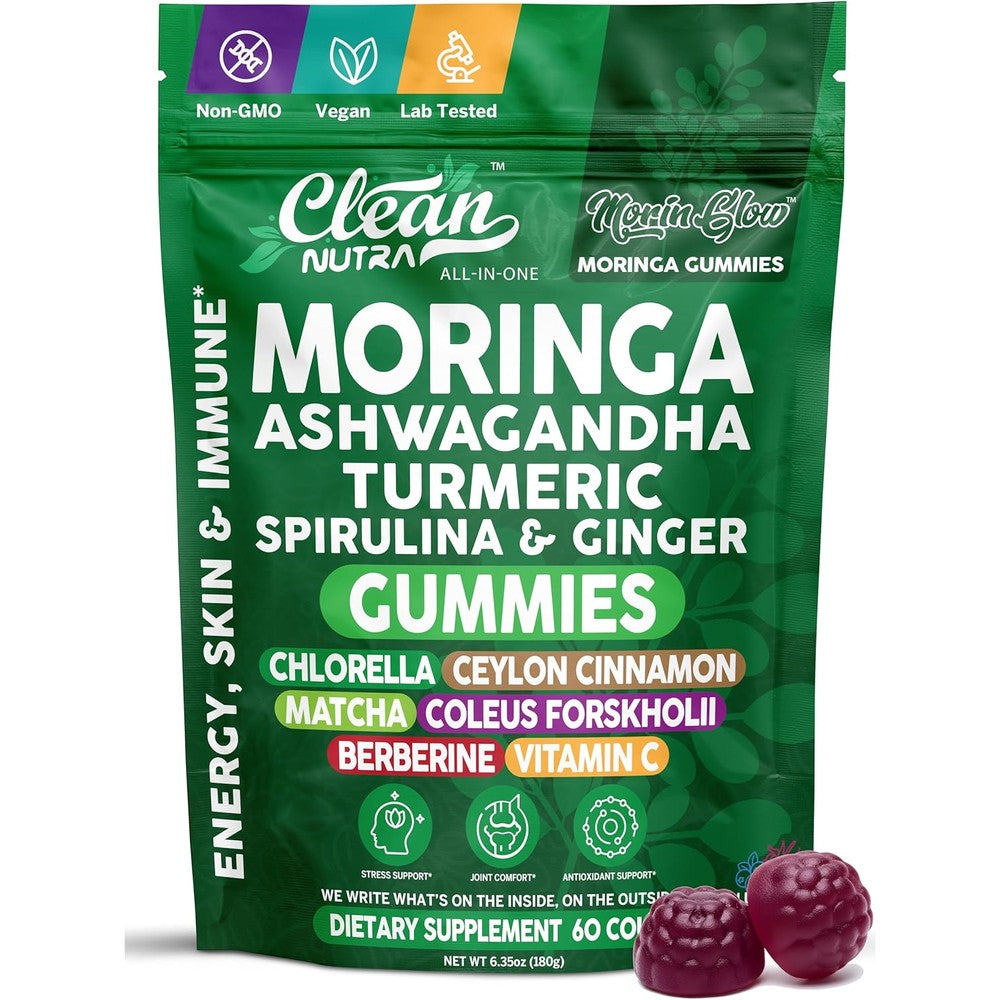 clean Nntra green superfood moringa gummies with ashwagandha & turmeric powder