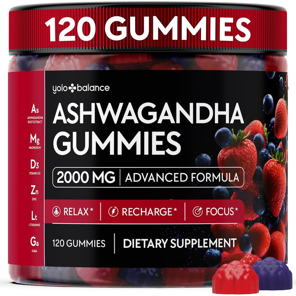 YOLOBALANCE Ashwagandha Gummies 120 count jar for stress relief and wellness