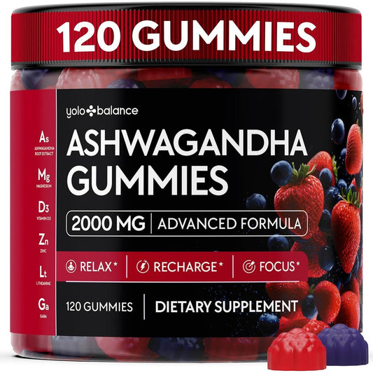 YOLOBALANCE Ashwagandha Gummies 120 count jar for stress relief and wellness