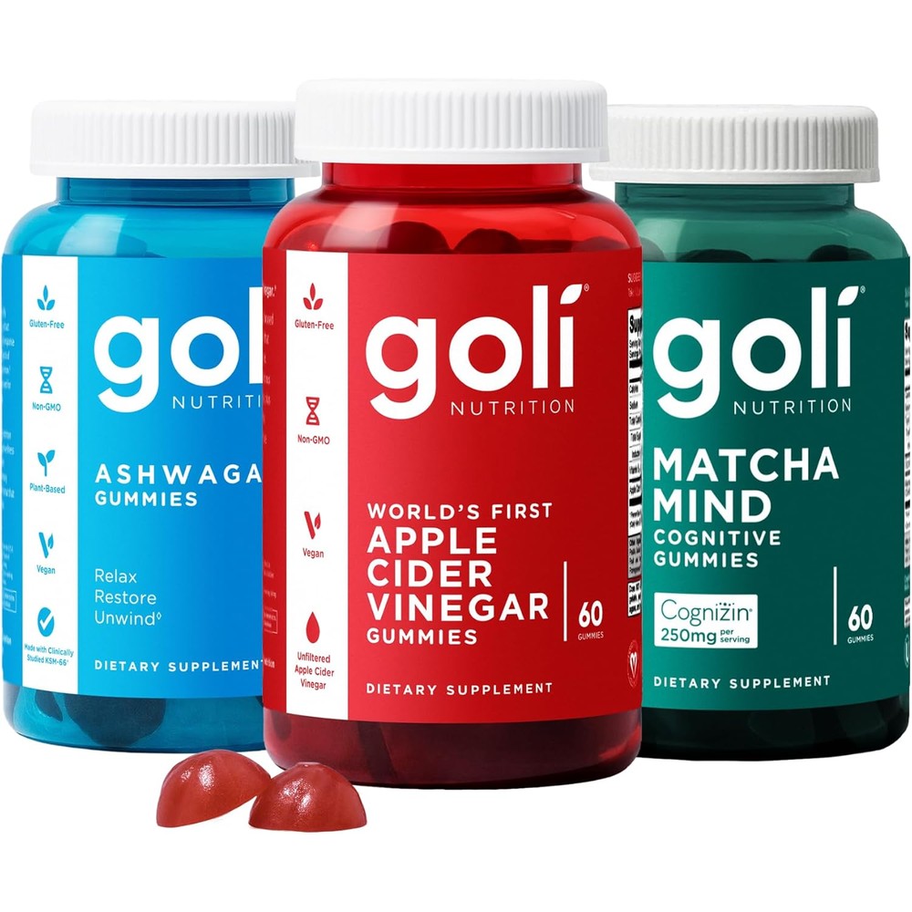 Goli Favorites 3 bottles bundle with Ashwagandha vitamin KSM-66, Apple Cider Vinegar, and Matcha Mind gummies with ashwagandha supplements