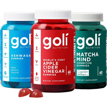 Goli Favorites 3 bottles bundle with Ashwagandha vitamin KSM-66, Apple Cider Vinegar, and Matcha Mind gummies with ashwagandha supplements