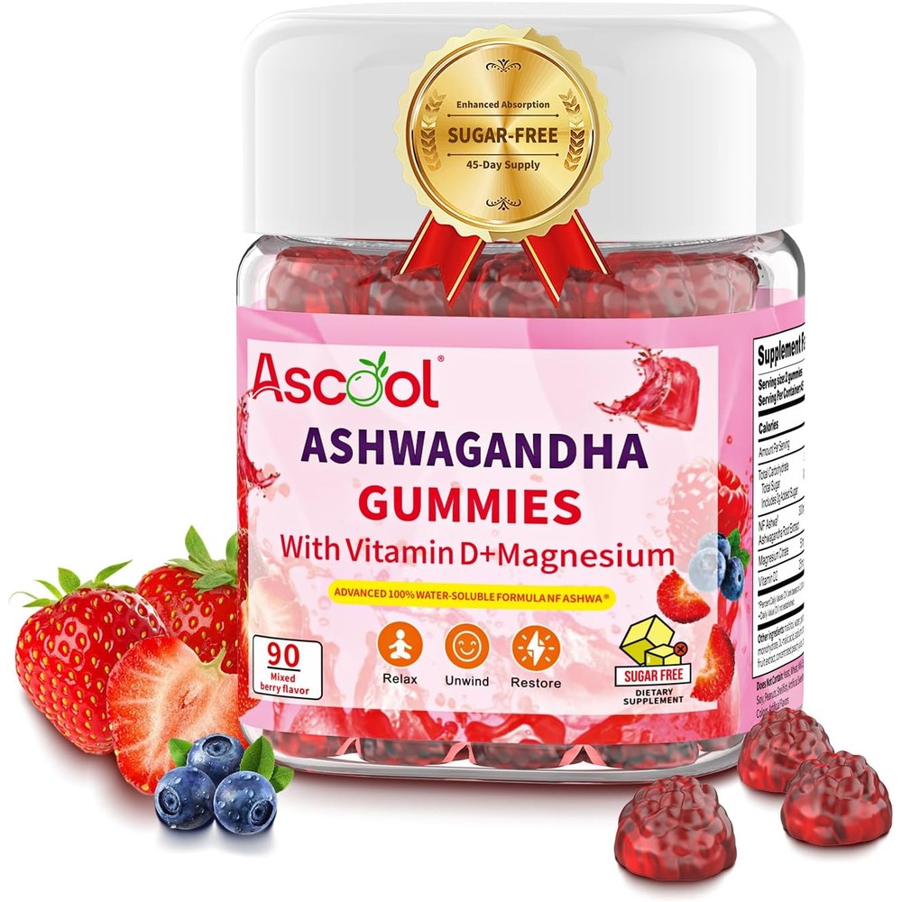 Ascool Ashwagandha Gummies 90-count bottle for stress support and relaxation