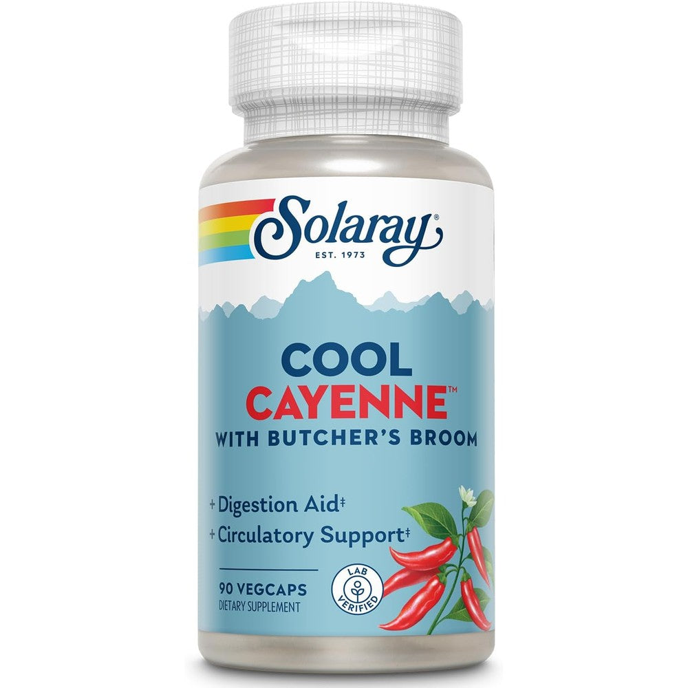 Solaray Cool Cayenne Pepper with Butchers Broom ninety vegetable capsules front view