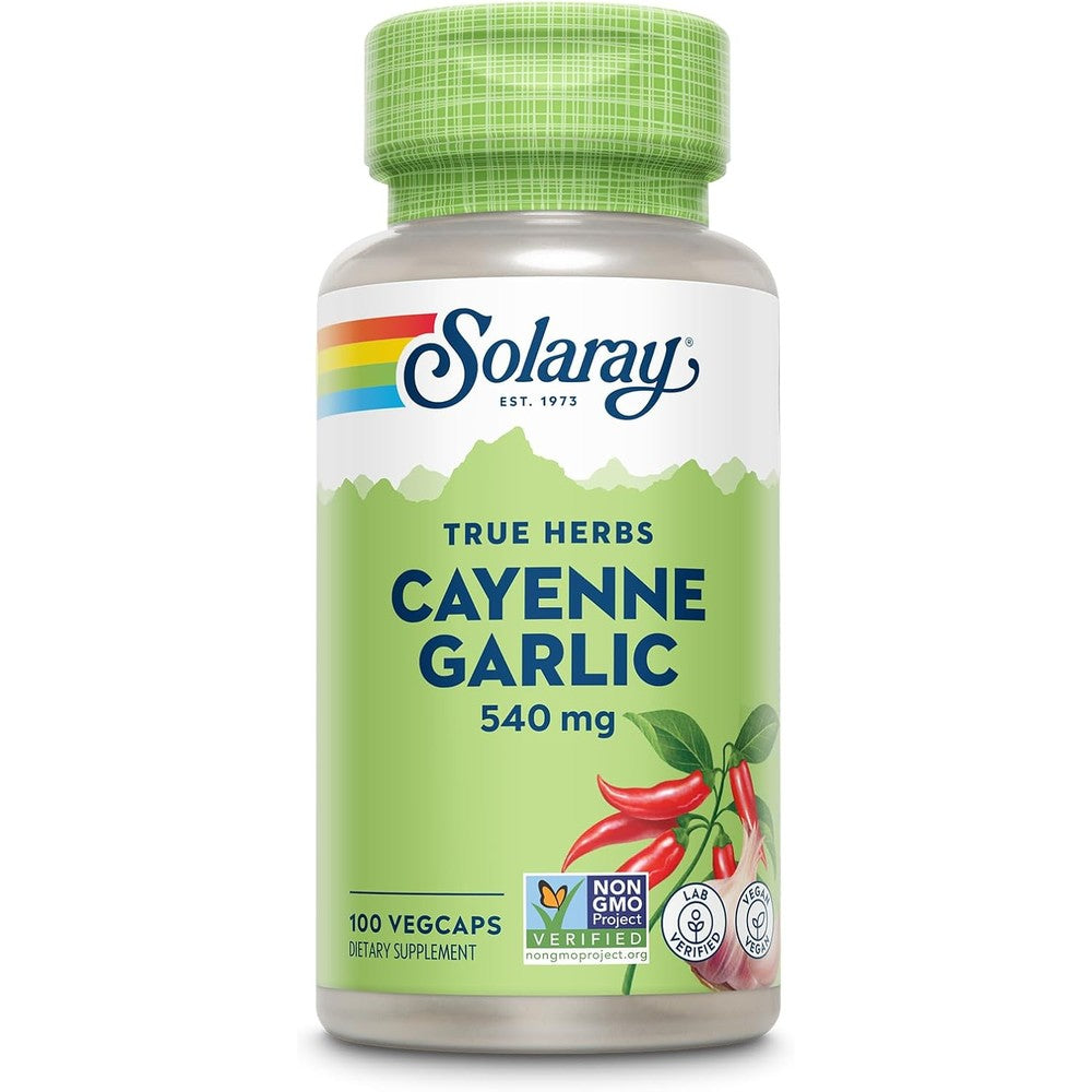 Solaray Cayenne Garlic 540 mg 100 VegCaps front view bottle for cardiovascular health