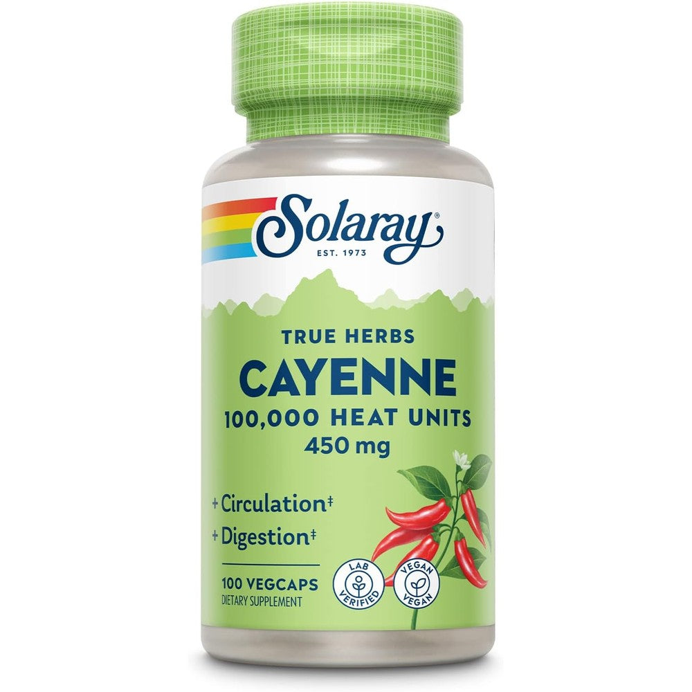 Solaray Cayenne 100,000 Heat Units 100 capsules front view bottle showing premium metabolism support packaging.