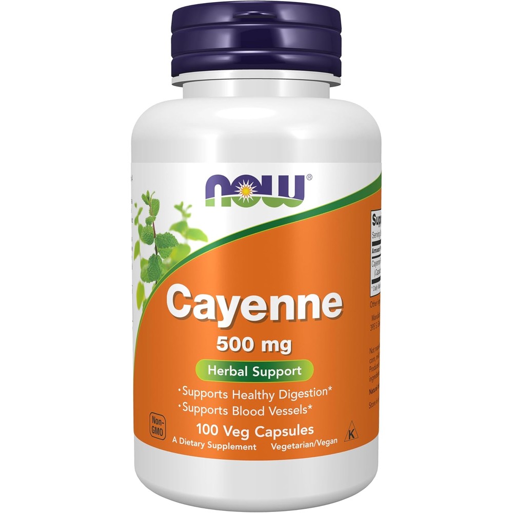Now Foods Cayenne 500 Milligrams 100 vegetarian capsules front bottle view for digestive health