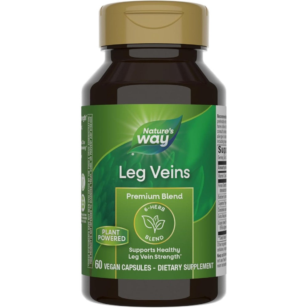Nature's Way Leg Veins 60 Vegan Capsules front packaging showing herbal blend formulation for leg health.