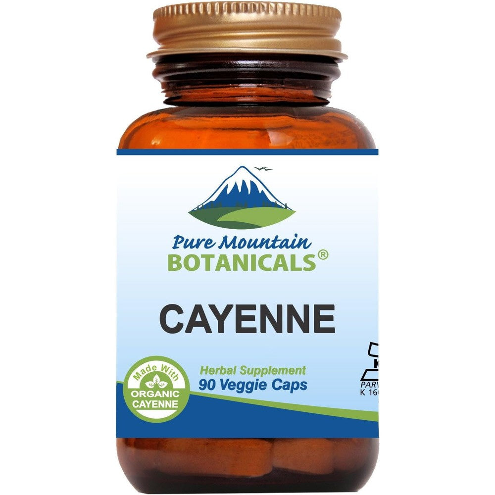 Pure Mountain Botanicals organic cayenne pepper capsules 500mg front bottle packaging view