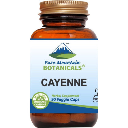 Pure Mountain Botanicals organic cayenne pepper capsules 500mg front bottle packaging view