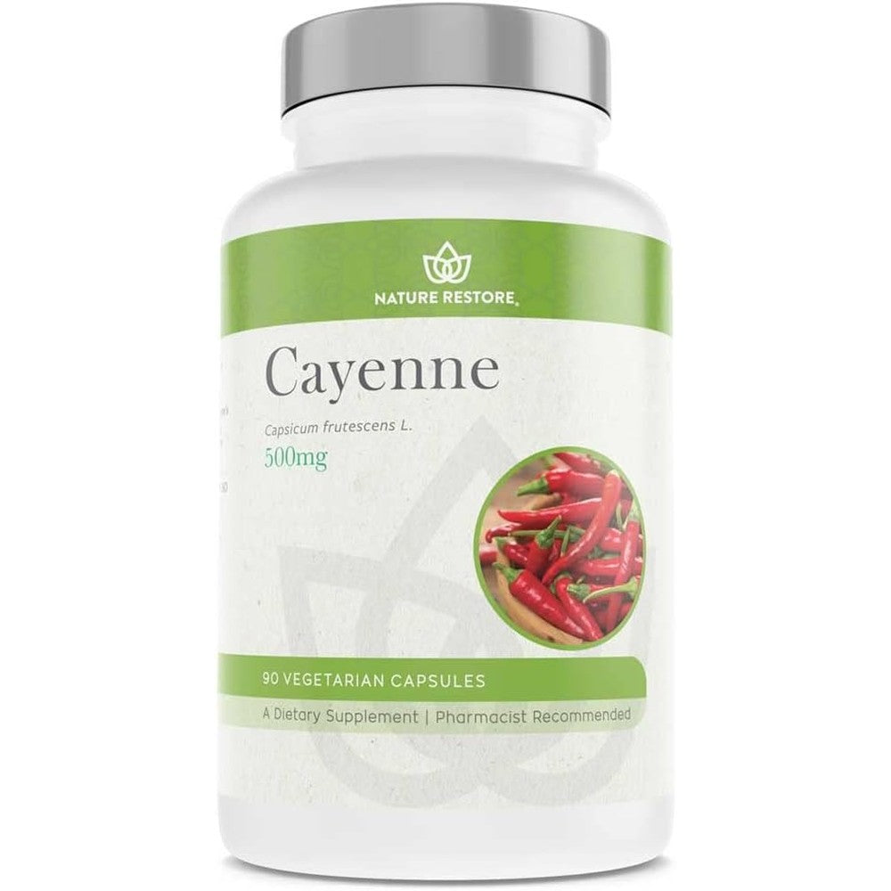 Nature Restore Cayenne Pepper Extract supplement front bottle view for metabolism boost.