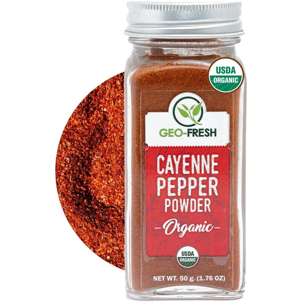 Geo-Fresh Organic Cayenne Pepper Powder 1.76 ounce front view showing certified organic packaging.