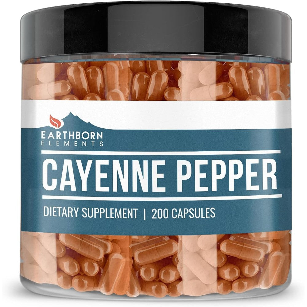 Earthborn Elements Cayenne Pepper 200 Capsules front view bottle for metabolism support.