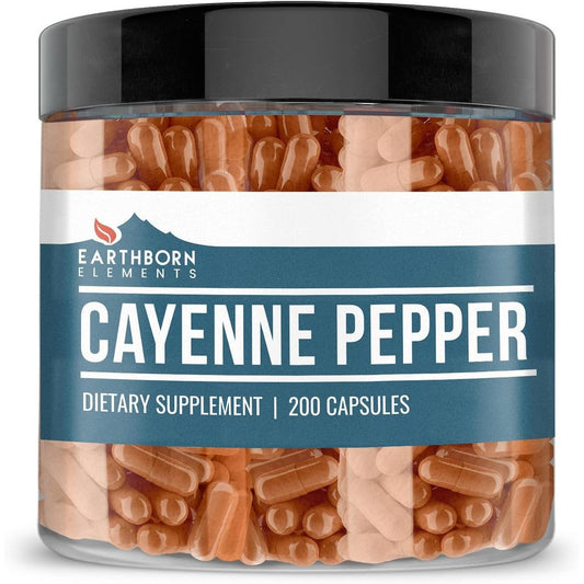Earthborn Elements Cayenne Pepper 200 Capsules front view bottle for metabolism support.
