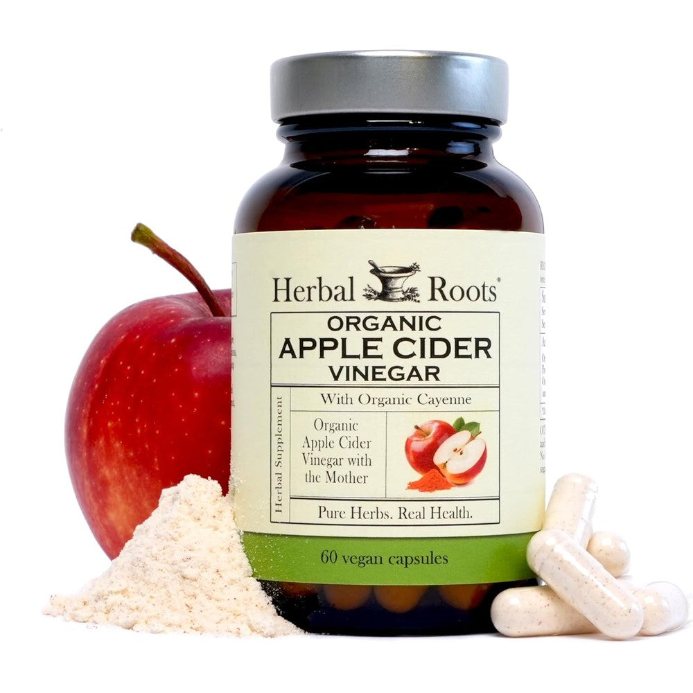 Herbal Roots Organic Apple Cider Vinegar Capsules front view bottle for digestive support