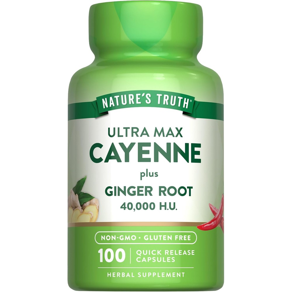 Nature's Truth Ultra Max Cayenne Pepper 100 capsules front view showing bottle label details for metabolism support.