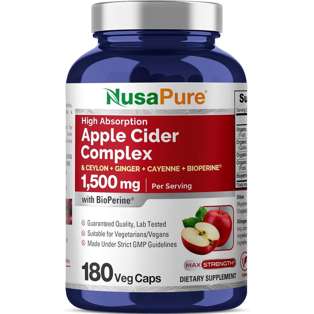 NusaPure Apple Cider Vinegar Complex 1500 mg 180 capsules front view bottle showing premium herbal supplement label.
