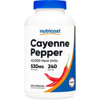 Nutricost Cayenne Pepper 530mg front view of the white supplement bottle detailing metabolic and digestive support benefits.