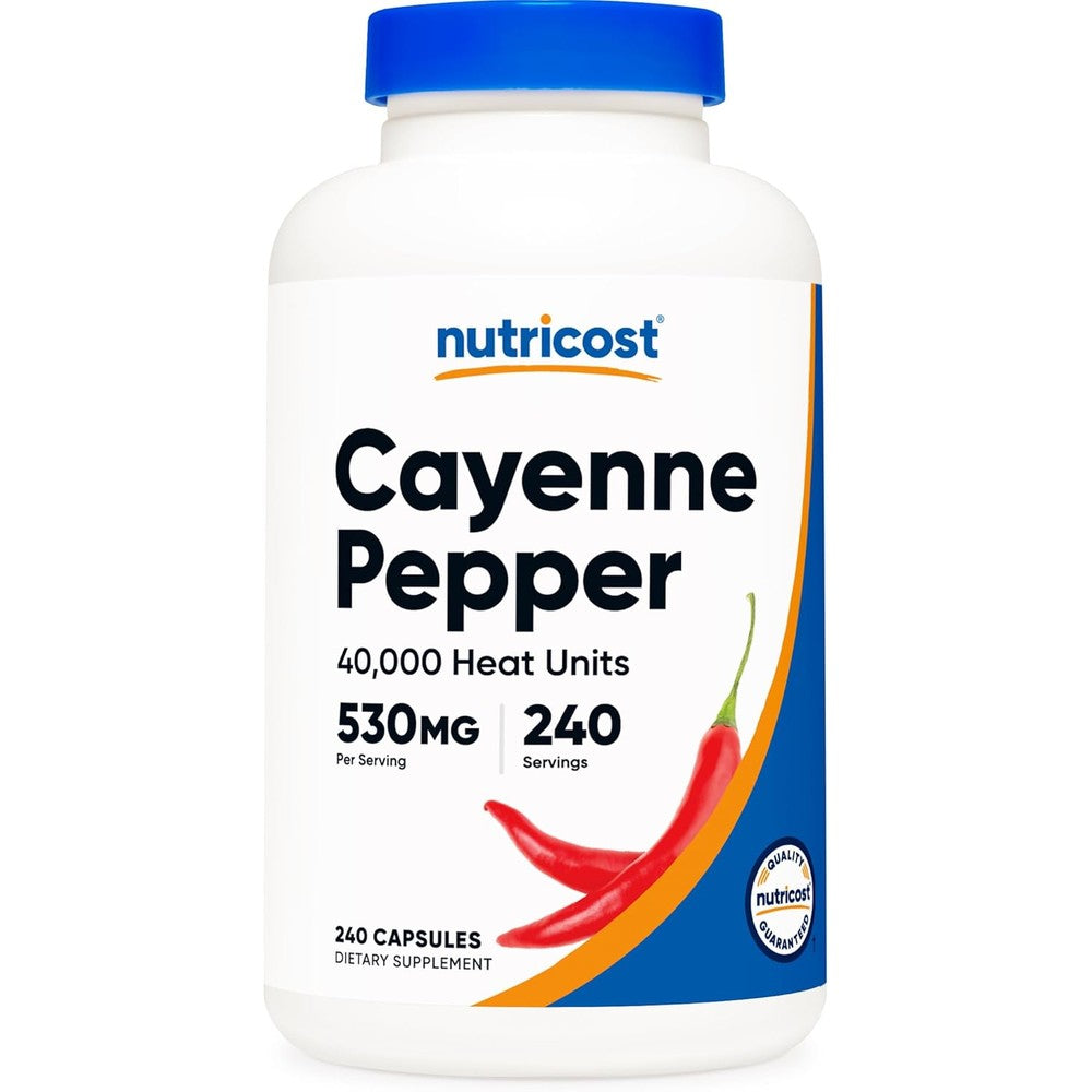 Nutricost Cayenne Pepper 530mg front view of the white supplement bottle detailing metabolic and digestive support benefits.