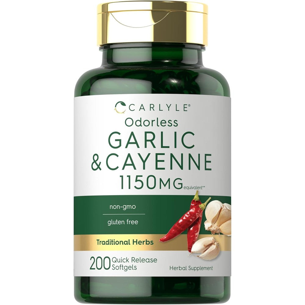 Carlyle Odorless Garlic and Cayenne 200 softgels bottle front view showcasing herbal supplement details