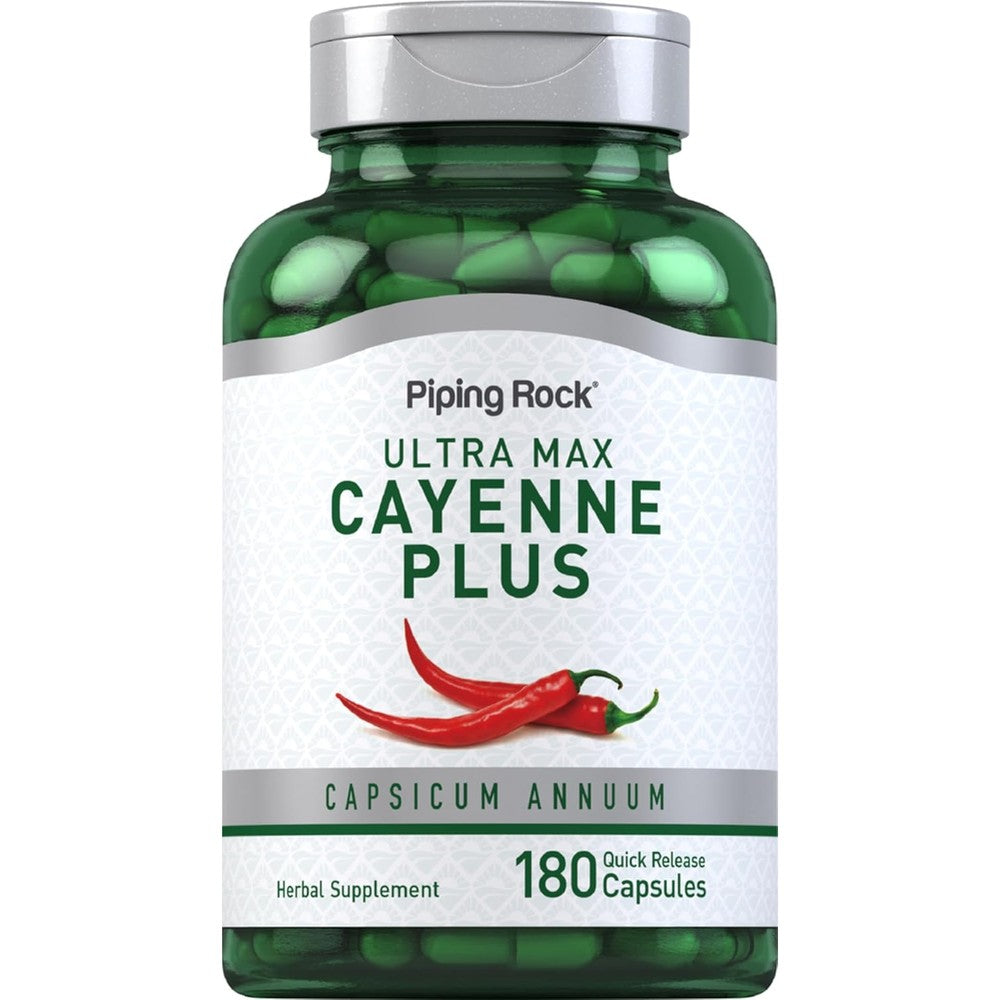 Piping Rock Cayenne Pepper Capsules 180 Count bottle front view showing capsule count and key botanical ingredients