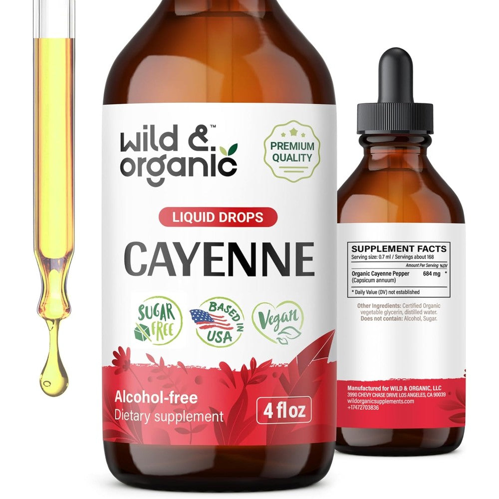 Wild and Organic Cayenne Pepper Tincture liquid drops bottle front view showing 4 fluid ounces size