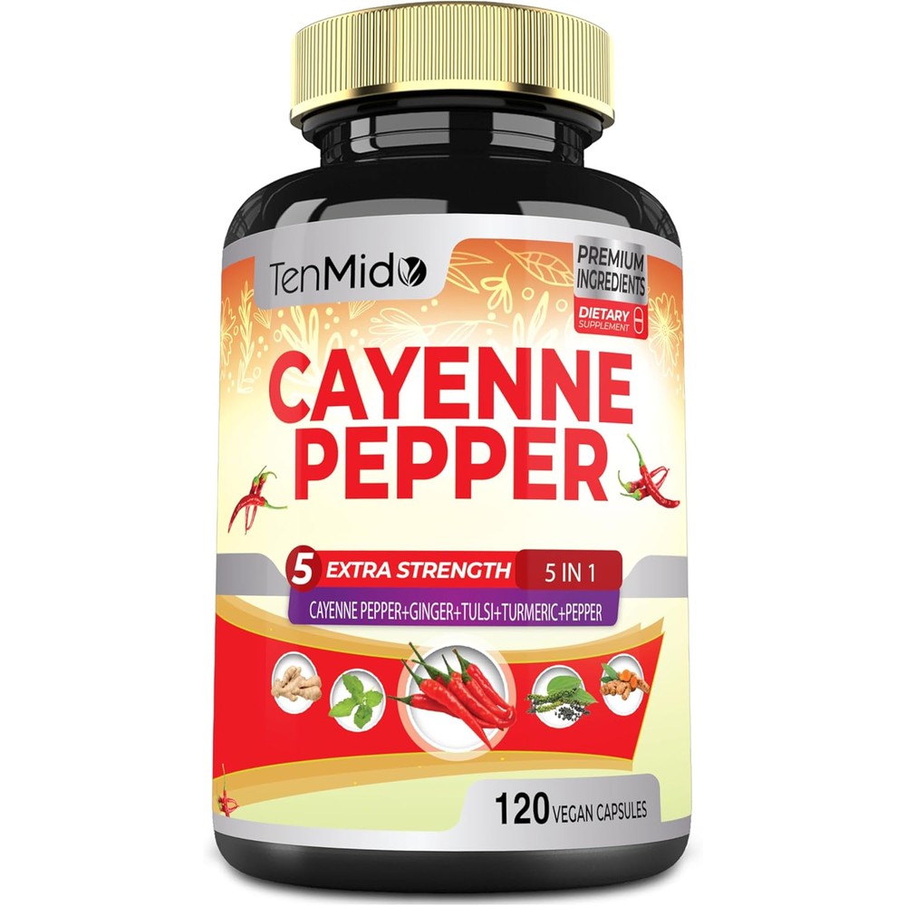 Tenmido Cayenne Pepper 120 Vegan Capsules front bottle view for immune support