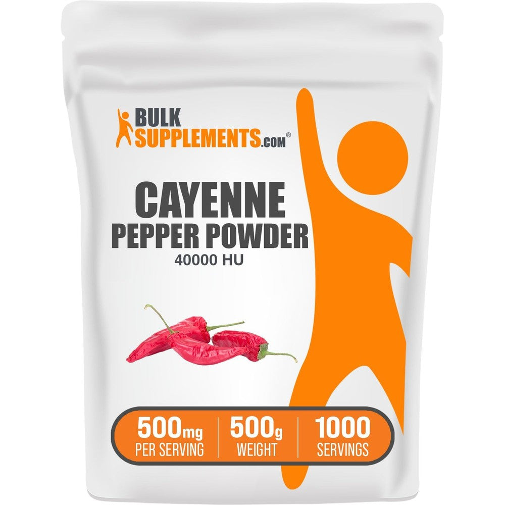 BulkSupplements Cayenne Pepper Powder 500g front view packaging showing metabolism supplement details.