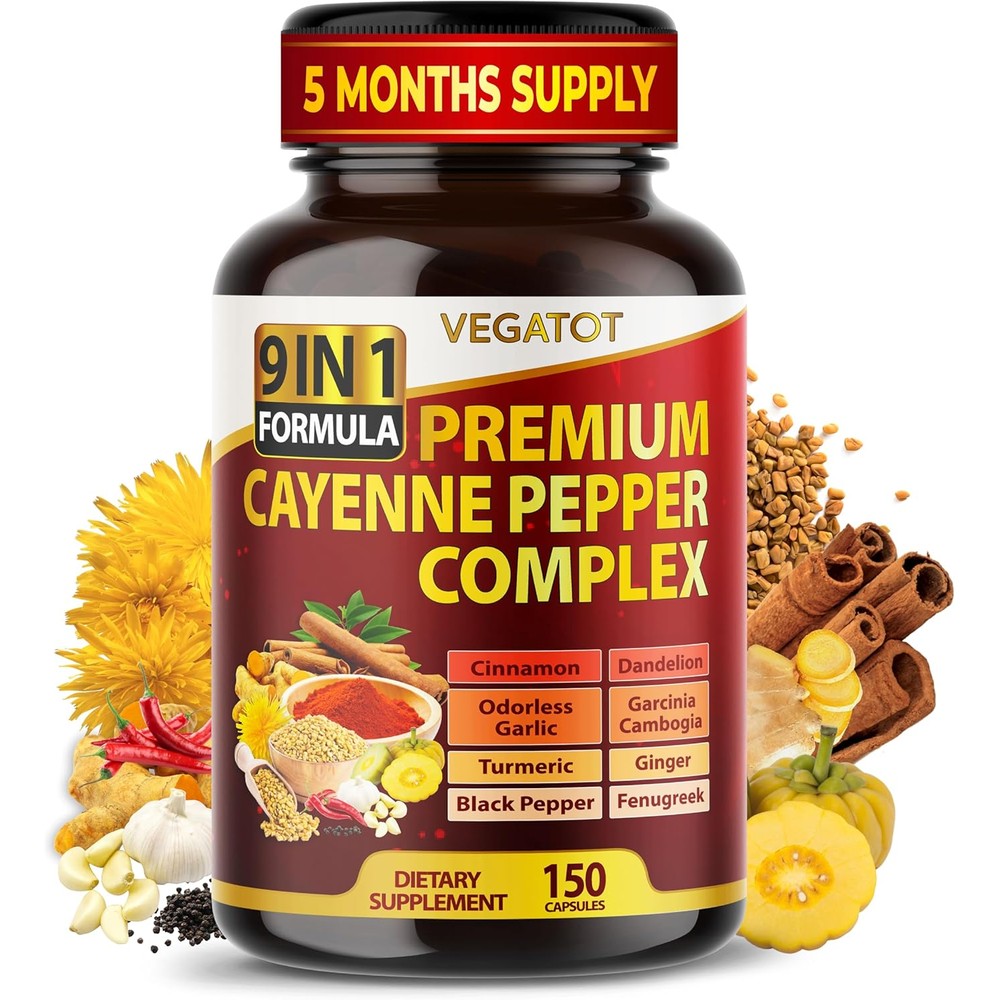 VEGATOT Organic Cayenne Pepper 9IN1 Complex front view bottle for metabolism boost