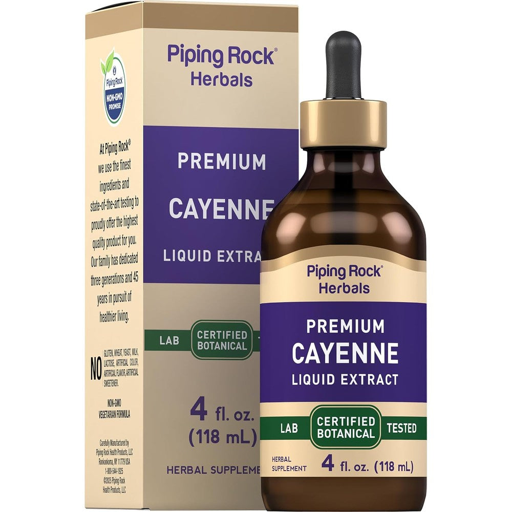 Piping Rock Cayenne Pepper Drops front view bottle of alcohol free liquid extract
