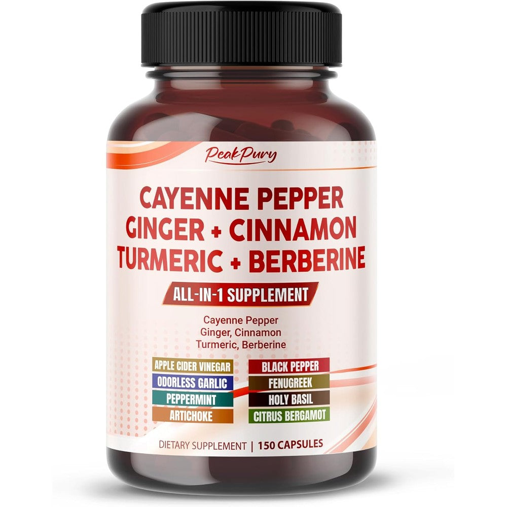 PEAKPURY Cayenne Pepper Ginger Turmeric Berberine 150 capsules front bottle view for digestive health