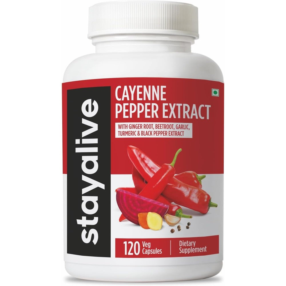 STAY ALIVE 6-in-1 Cayenne Pepper Capsules front bottle view showing 120 count label
