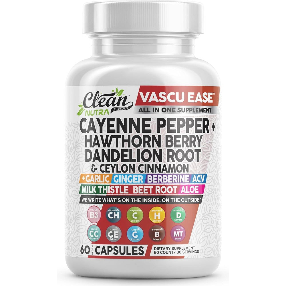Evorina Clean Nutra Vascu Ease bottle front view displaying sixty vegan capsules for cardiovascular support