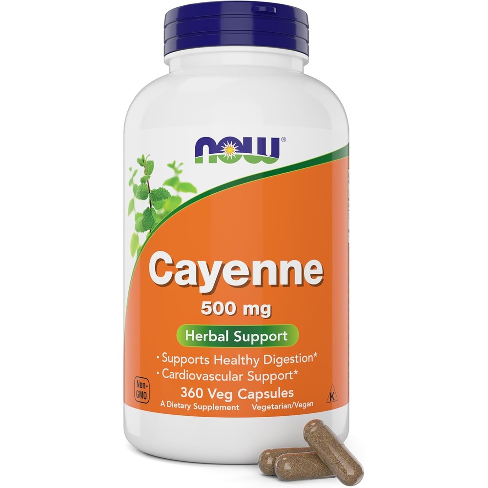 NOW Foods Cayenne Capsicum Annuum 500 mg front view bottle showing 360 vegetable capsules