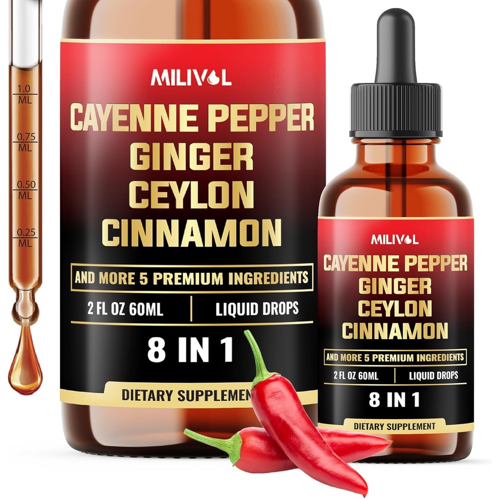 MILIVOL 8-in-1 Cayenne Pepper Liquid Drops front view bottle for digestive health
