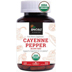 Incas by Asiya Life Organic Cayenne Pepper capsules front bottle view for circulation support.