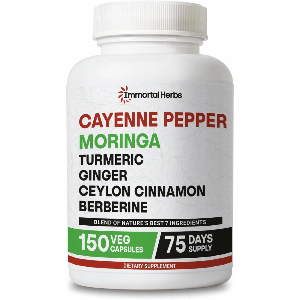 Immortal Herbs Moringa Cayenne Pepper Turmeric Ginger Capsules bottle front view showing 150 dietary supplement pills.