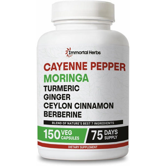 Immortal Herbs Moringa Cayenne Pepper Turmeric Ginger Capsules bottle front view showing 150 dietary supplement pills.