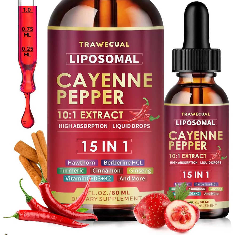 Trawecual 15-in-1 Liposomal Cayenne Pepper Liquid Drops front view for circulatory support